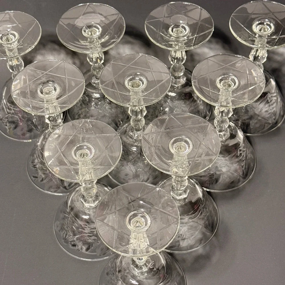 Set of 10 Vintage Libbey Rock Sharpe Crystal Cocktail Glasses Etched Floral MCM